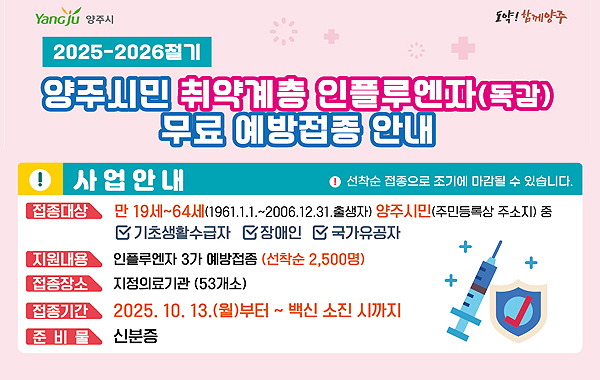 양주시민 취약계층 인플루엔자(독감) 무료 예방접종 안내