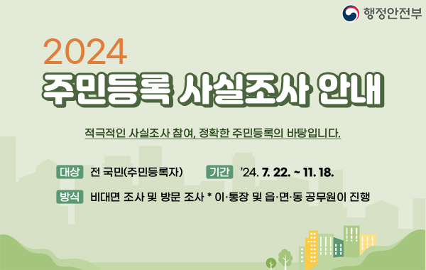 2024 주민등록 사실조사 안내
/적극적인 사실조사 참여, 정확한 주민등록의 바탕입니다.
○ 대상: 전 국민(주민등록자)
○ 기간: ’24.7.22.~’24.11.18.
○ 방식: 비대면 조사 및방문 조사 *이·통장 및 읍·면·동 공무원이 진행
/행정안전부